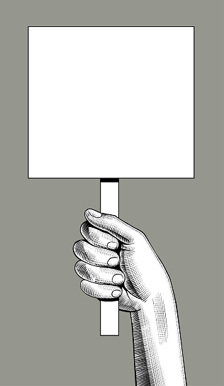 Hand holding a white signboard template. Vintage negative engraving stylized drawing. Vector illustration