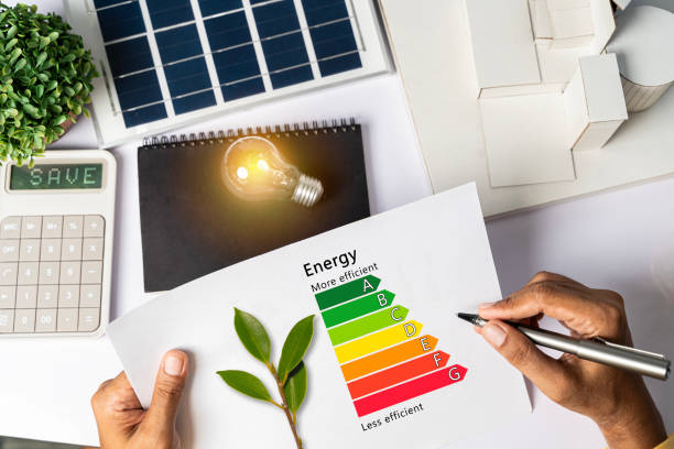 istock Energy efficiency concept with energy level chart Tabletop energy efficiency graph with house diagram calculator Solar panels. Businessman planning to use energy. 1889425106