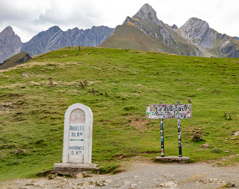 Col D'Aubisque, Aquitaine Region, France on September 18, 2023: A 1,709-m.-elevation mountain pass & Tour de France cycle route with dramatic valley views.