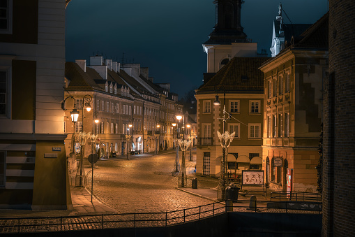 Night View of the streets of Warsaw Old Town. Poland