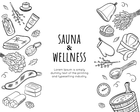 Premium body care vector banner template. Sauna and wellness. Set of doodle hand drawn elements.