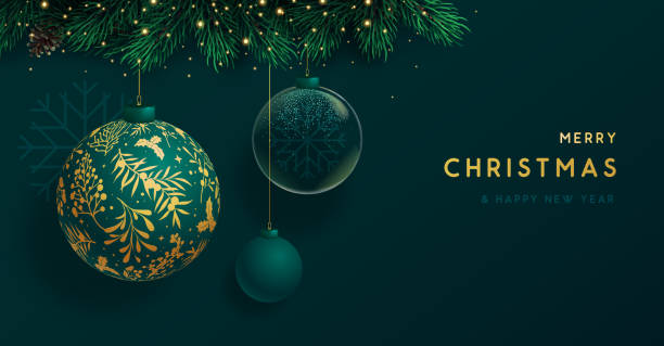 istock Christmas holiday emerald green background  with glass balls, Christmas tree branch and snowflakes. Christmas greeting card. Vector illustration 1889484271