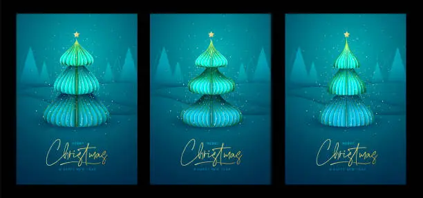 Vector illustration of Set of holiday Christmas modern covers or greeting cards with Christmas tree. Vector illustration