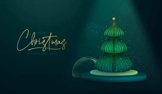 Vector illustration of Holiday Christmas showcase emerald green background with 3d podium and Christmas tree. Abstract minimal scene. Vector illustration