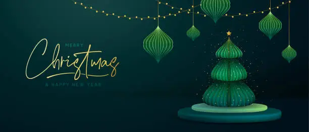 Vector illustration of Holiday Christmas showcase green background with 3d podium and Christmas tree. Abstract minimal scene. Vector illustration