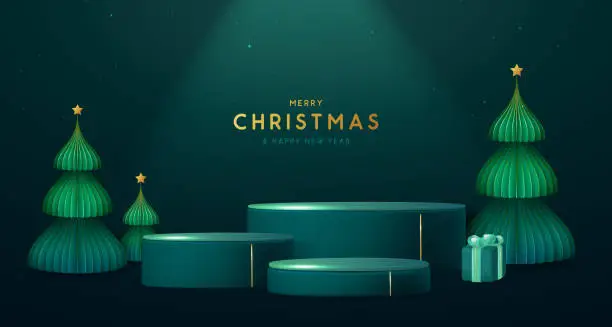 Vector illustration of Holiday Christmas showcase emerald green background with 3d podium and Christmas tree. Abstract minimal scene. Vector illustration