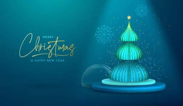 Vector illustration of Holiday Christmas showcase blue background with 3d podium and Christmas tree. Abstract minimal scene. Vector illustration