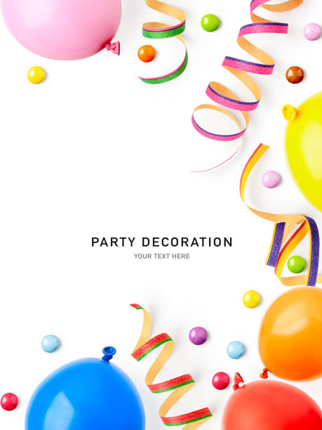 serpentinas coloridas de fiesta globos confeti aislado sobre fondo blanco - invitation birthday card creativity ideas fotografías e imágenes de stock