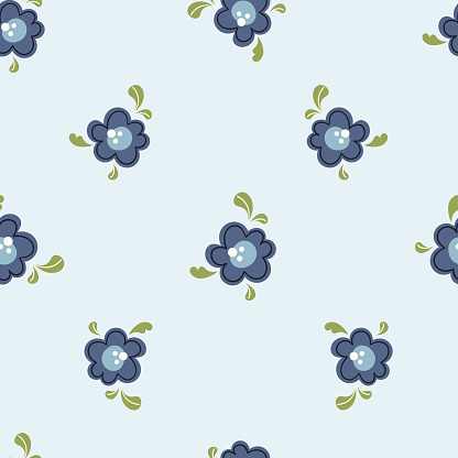 Folk hygge floral seamless pattern - simple blue flowers and leaves scandinavian nordic style, botanical repeating motives on background for wrapping, textile, digital or scrapbook paper