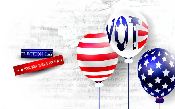 Vector illustration of Election voting concept in realistic style. Vote in the USA, banner design. Balloons with American flag on abstract concrete background. Creative illustration for voting in elections with stickers.