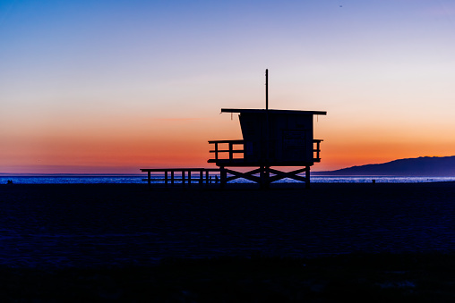 Sunset over Baywatch booths in California
