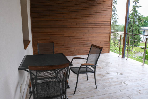 istock Hotel room balcony design with table and chairs 1889536372