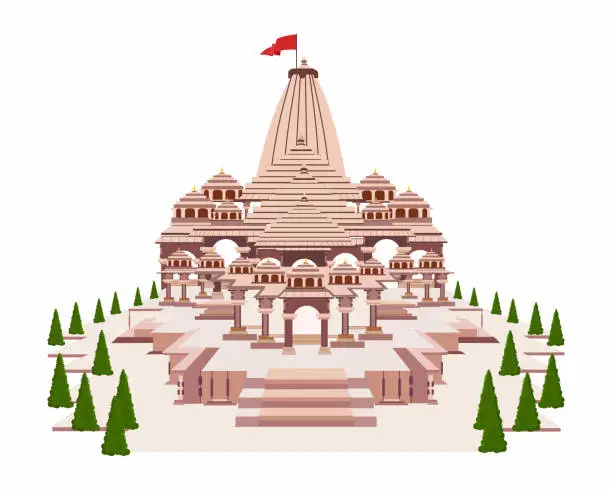 Vector illustration of Ram mandir Hindu temple in Ayodhya Shri Ram Janmabhoomi with Tree Background