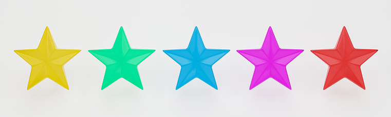 3d rendering, 3d illustration. Five colorful stars isolated on white background.