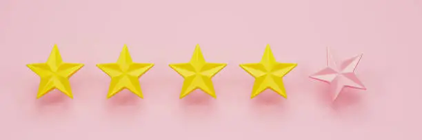 Photo of 3d rendering, 3d illustration. Five stars on pink colors background. Customer rating feedback concept. Modern minimal concept.
