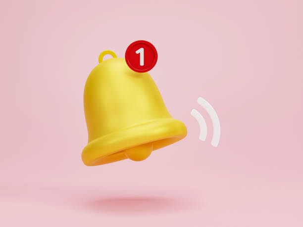 istock 3D rendering, 3D illustration. Yellow notification bell is ringing with one new notification on pink background. Minimal social media element. 1889557992