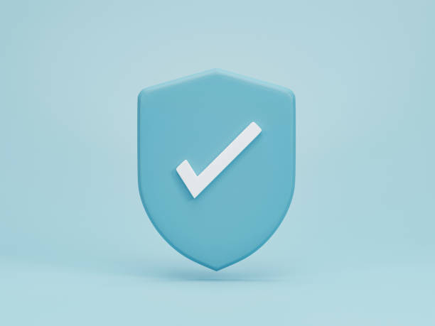 istock 3d render 3d illustration. Checkmark icon on guard shield protection symbol on blue background. safety minimal concept. 1889559114