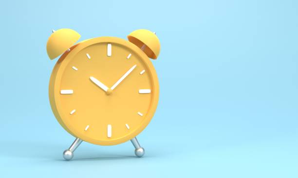 istock 3D render, 3D illustration. Vintage circle yellow clock icon. Simple twin bell alarm clock on blue background. Minimal creative concept. 1889562519