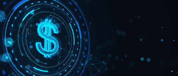istock Creative round hologram with mock up place, polygonal pattern and dollar on wide blurry background. Money, online banking and finance concept. 3D Rendering. 1889572954