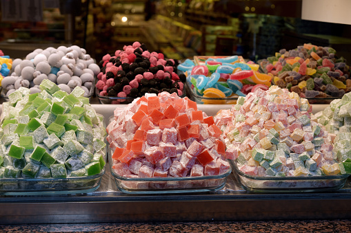 Showcase with different kinds of Turkish delight sweets. Istanbul