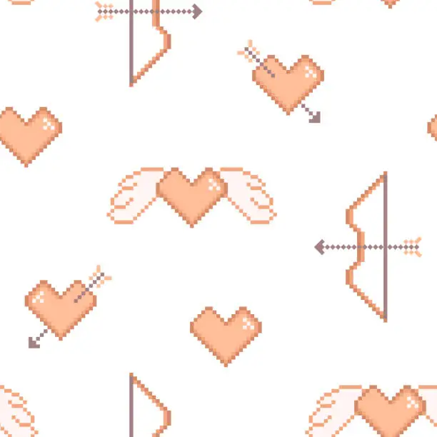 Vector illustration of Pixel art Valentine day seamless pattern with arbalest and hearts