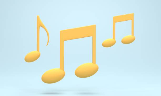 istock 3D rendering, 3D illustration. Yellow music note icon on blue pastel background. Design element for song, melody or tune flat. 1889615801