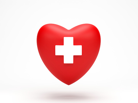 3D rendering, 3D illustration. Red heart with healthy status icon isolated on white background