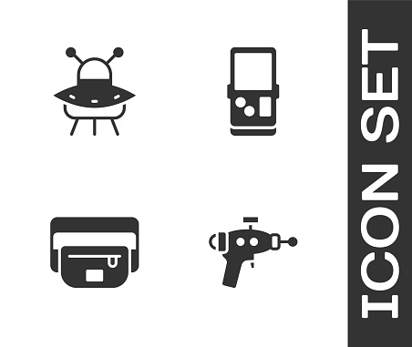 Set Ray gun, UFO flying spaceship, Waist bag of banana and Tetris icon. Vector.