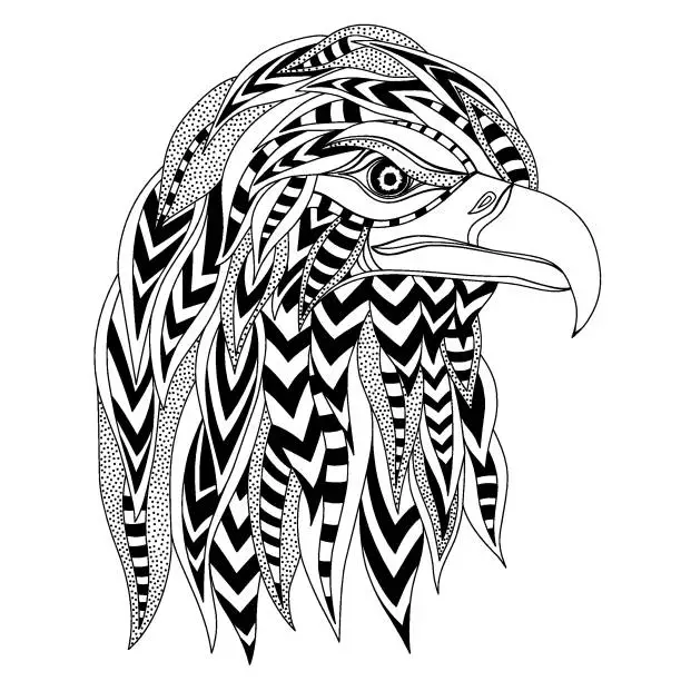 Vector illustration of Hand drawn stylized silhouette of eagle head. Coloring book page antistress with predatory bird. Black and white outline logo, emblem, tattoo. Vector sketch illustration isolated on white background
