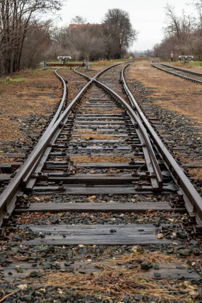 istock Old railroad track with a switch in the countryside 1889644094