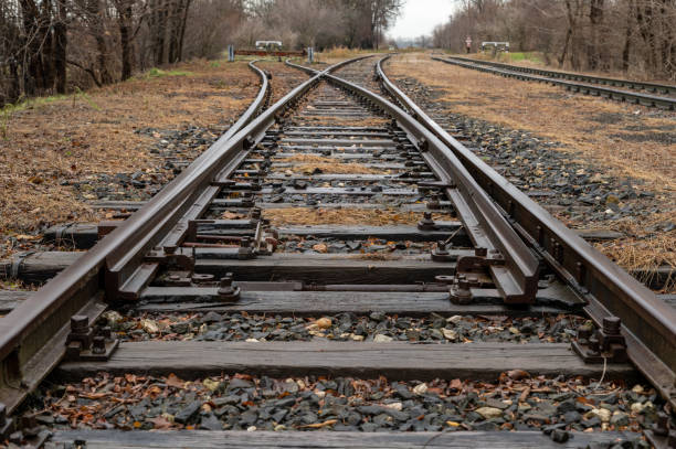 istock Old railroad track with a switch in the countryside 1889644614