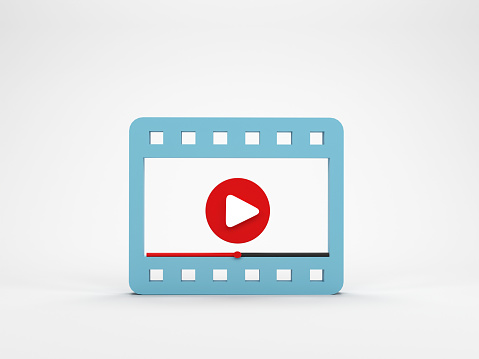 3D rendering, 3D illustration. Blue play video icon isolated on white background. Minimal film cinema play icon. Concept of video player, web page, play button or streaming