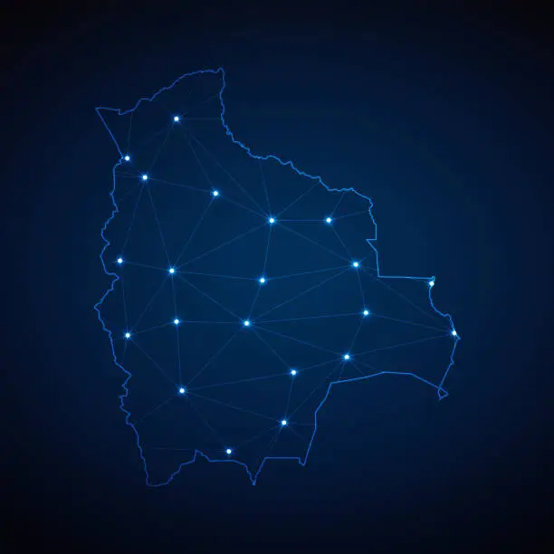 Vector illustration of Abstract wireframe mesh polygonal map of Bolivia with lights in the form of cities on dark blue background. Vector illustration EPS10