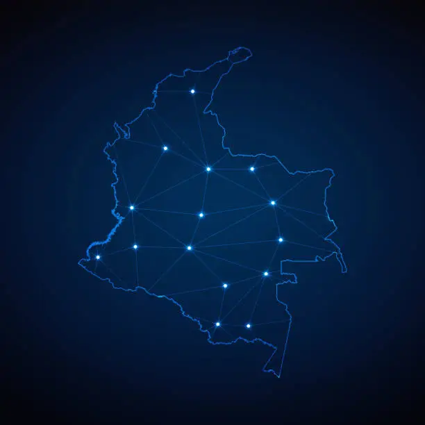Vector illustration of Abstract wireframe mesh polygonal map of Colombia with lights in the form of cities on dark blue background. Vector illustration EPS10