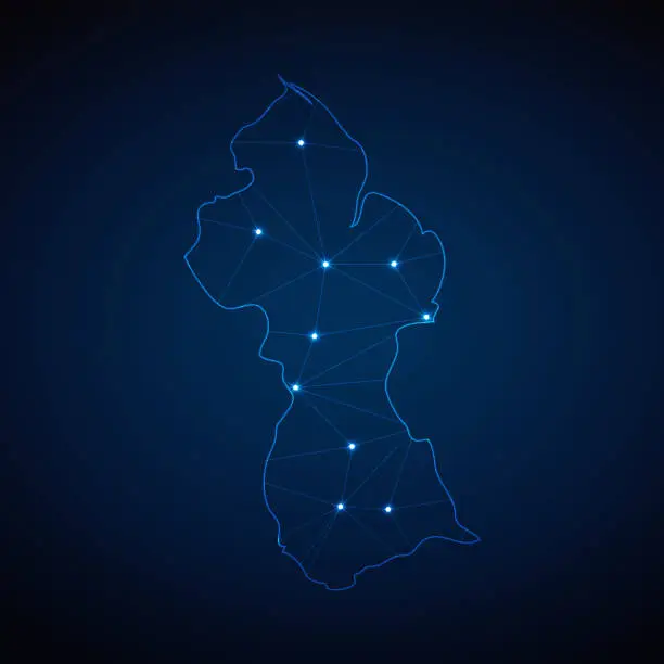 Vector illustration of Abstract wireframe mesh polygonal map of Guyana with lights in the form of cities on dark blue background. Vector illustration EPS10