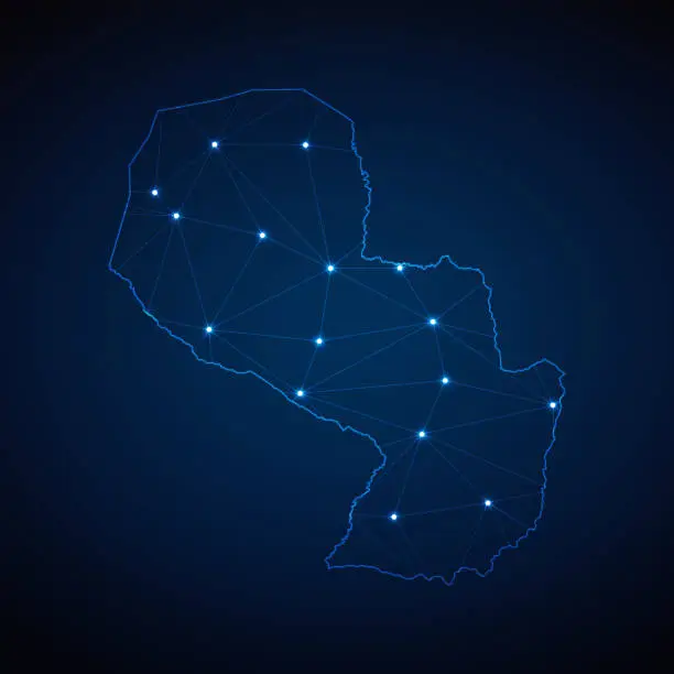 Vector illustration of Abstract wireframe mesh polygonal map of Paraguay with lights in the form of cities on dark blue background. Vector illustration EPS10