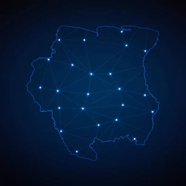 Vector illustration of Abstract wireframe mesh polygonal map of Suriname with lights in the form of cities on dark blue background. Vector illustration EPS10