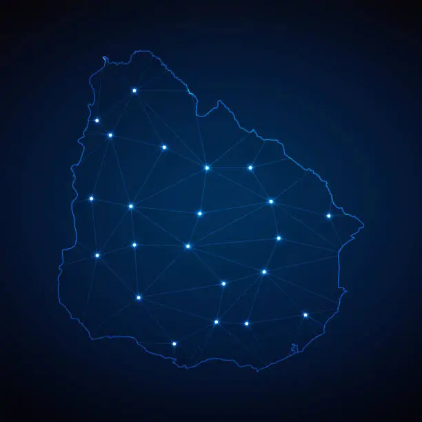 Vector illustration of Abstract wireframe mesh polygonal map of Uruguay with lights in the form of cities on dark blue background. Vector illustration EPS10