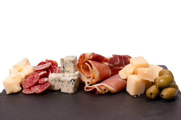 istock Cheese, olives, salami, jamon isolated on a white backgrund. 1889653065