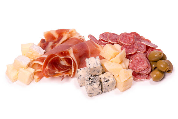 istock Cheese, olives, salami, jamon isolated on a white backgrund. 1889653077
