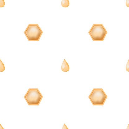 Watercolor seamless pattern with honeycombs and drops of honey. Elegant cute hand drawn pattern in yellow tones. For printing on banner and wrapping paper for selling honey