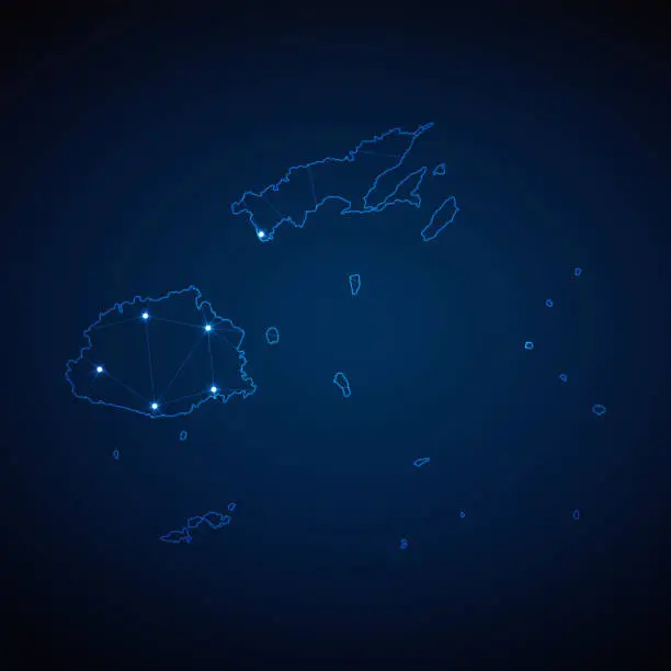 Vector illustration of Abstract wireframe mesh polygonal map of Fiji with lights in the form of cities on dark blue background. Vector illustration EPS10