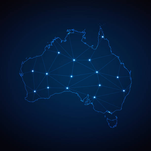 istock Abstract wireframe mesh polygonal map of Australia with lights in the form of cities on dark blue background. Vector illustration EPS10 1889668933