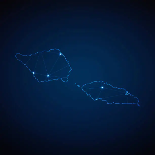 Vector illustration of Abstract wireframe mesh polygonal map of Samoa with lights in the form of cities on dark blue background. Vector illustration EPS10