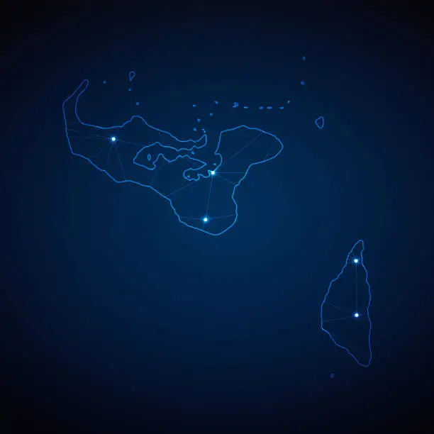 Vector illustration of Abstract wireframe mesh polygonal map of Tonga with lights in the form of cities on dark blue background. Vector illustration EPS10