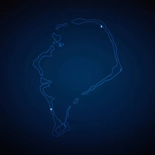 Vector illustration of Abstract wireframe mesh polygonal map of Tuvalu with lights in the form of cities on dark blue background. Vector illustration EPS10