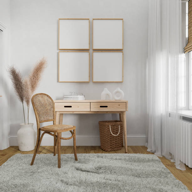 istock frame mockup poster in home work desk, 4 pictures, element interior 3d rendering. 1889673686