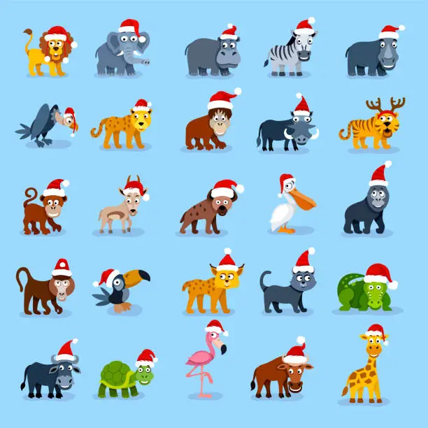 Vector illustration of Cartoon wild animals wearing Santa Claus's hat.