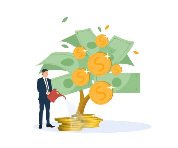 Vector illustration of Businessman holds a watering can to water the money tree to make it grow and flourish. Business investment concept vector illustration. money growth