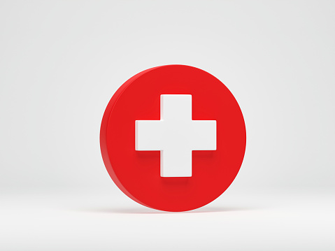 3D rendering, 3D illustration. Red cross icon isolated on white background. medical cross round button.